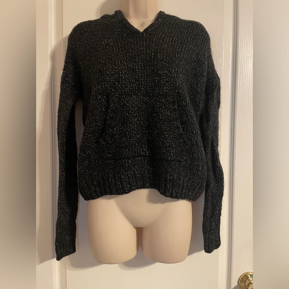 Roxy Wool Blend Black White Speckled Hooded Sweater Size L Athleisure Basic Knit